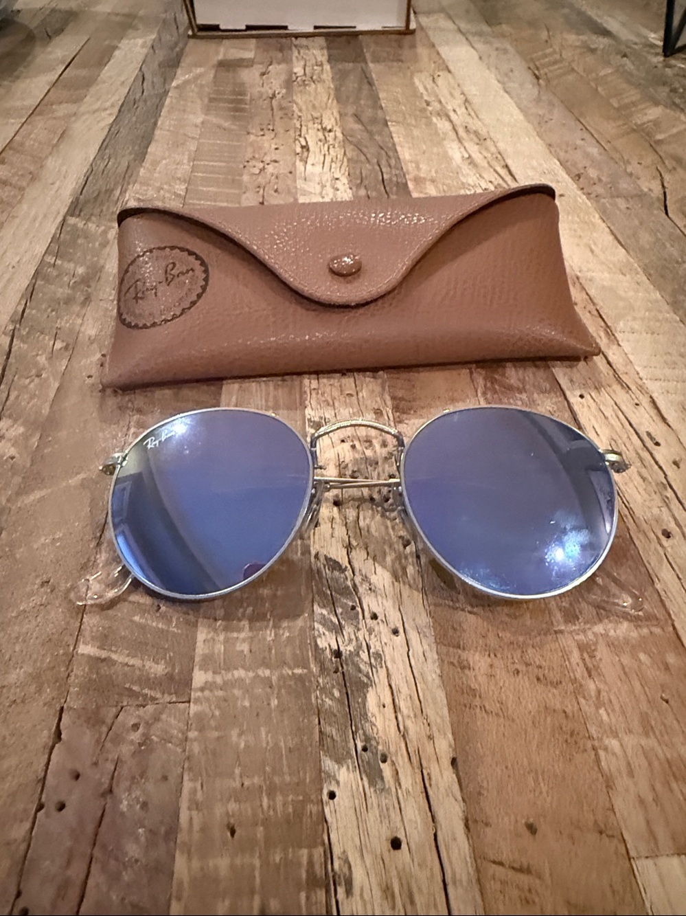Ray-Ban Silver Frame Sunglasses with Blue Lenses with matching case.